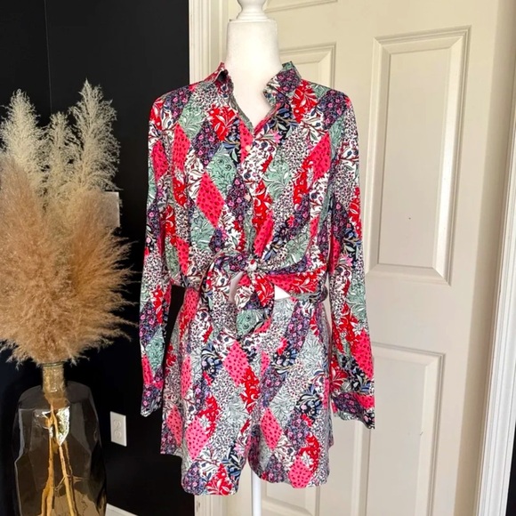 NWT Loft Patchwork Bloom Everyday Pocket Shirt and Pleated Shorts size Large SET - Picture 1 of 12
